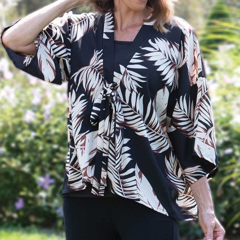 Palm Frond Print Tie Top Beach Summer Jacket Tie Closure Black Tan NWT